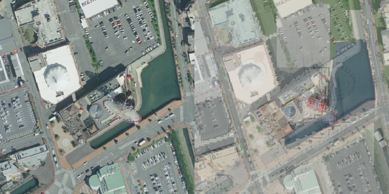 2010年の航空写真と再現マップの比較